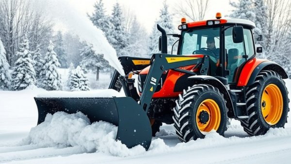 Tractor with snow blower attachment clearing snow in winter.