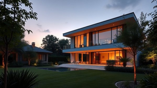 Luxury villa for sale Mosman, modern exterior at dusk, lush garden.