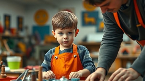 Child in Home Depot workshop, guided by adult.