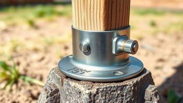 Close-up of Simpson Strong-Tie Adjustable Post Base securing a wooden post outdoors.
