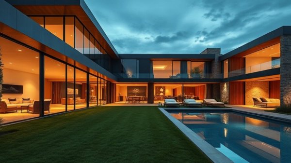 Bruce Peterson's Elwood Mansion: modern mansion at dusk with pool.