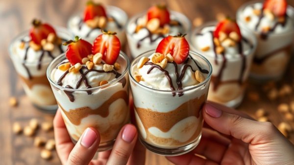 Frozen Peanut Butter Banana Split Cups with chocolate drizzle and peanuts.