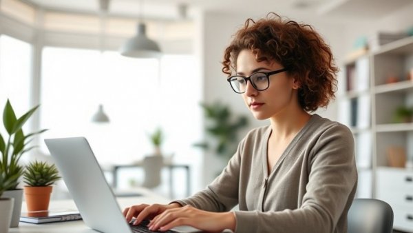 Young woman using laptop in modern office, illustrating AI tools for home buyers.