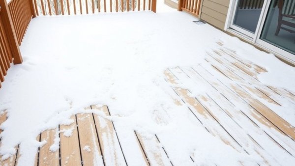 Wooden deck with minimal snow showing proper snow removal techniques for decks.