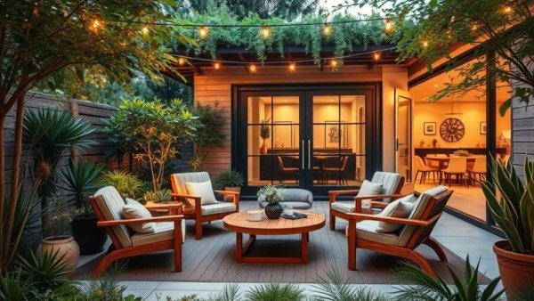 Modern patio with elegant furniture and string lights, Amazon Patio Furniture Deal.