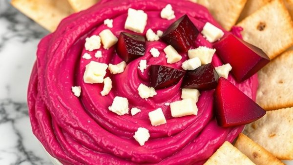 Vibrant whipped beet cottage cheese dip with pita wedges.