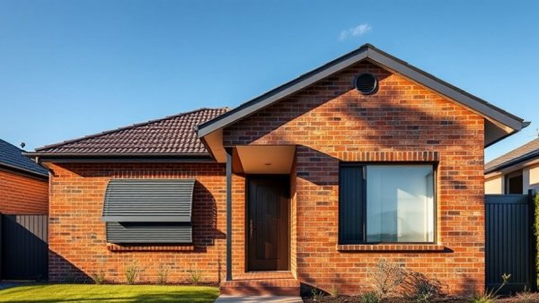 Modern brick house in Melbourne suburb with front porch and shutters.