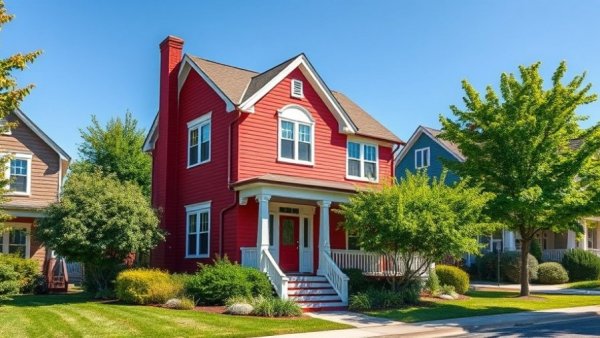 Charming red house in suburban neighborhood, showcasing flat rate real estate.