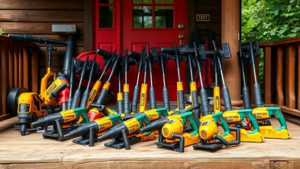 Collection of best jackhammers for homeowners on porch.