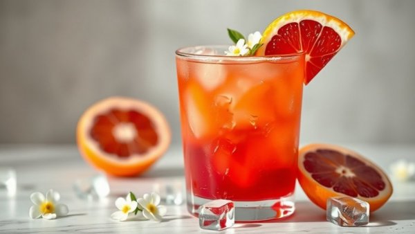 Blood orange margarita glass garnished with citrus and flowers, refreshing drink.