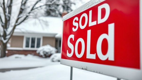Close-up of a 'Sold' sign in front of a house with snow-covered roof, highlighting Home Buyers' Plan issues.