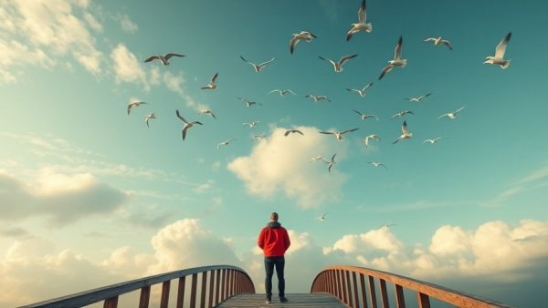Coping with Grief and Loss: person on bridge watching birds in the sky.