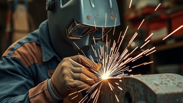 MIG welding process with protective gear and bright sparks