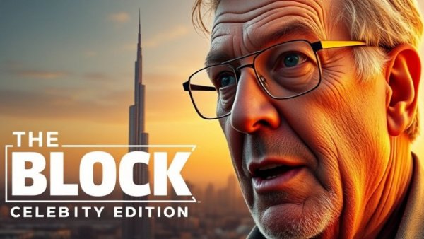 Older man with glasses speaks, beside Celebrity Block Dubai ad.
