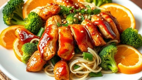 Easiest Crispy Chicken Teriyaki dish with broccoli and oranges.