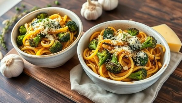 Rustic scene of blistered broccolini pasta in bowls, cozy wooden table.