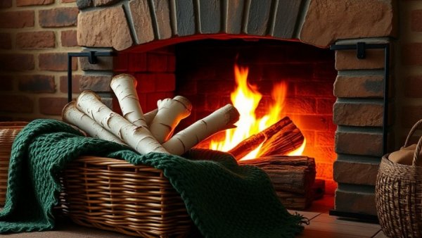Warm living room with cozy fireplace, wood logs, and green blanket.