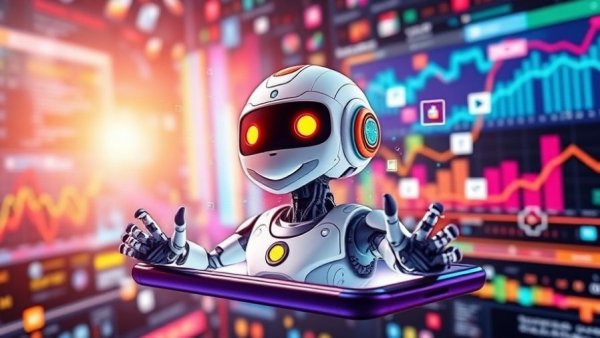 Futuristic AI robot in digital scene, emerging from smartphone with graphs.