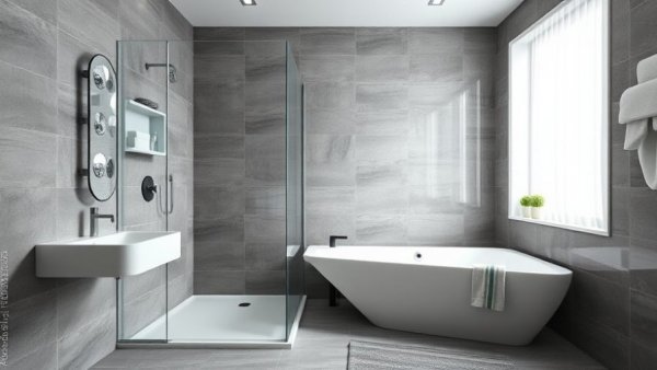 Elegant bathroom with tiled walls and glass shower enclosure.