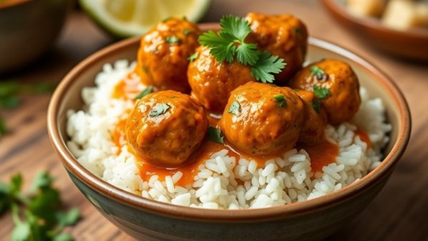 Savory butter chicken meatballs with rice and limes