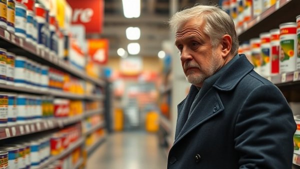 Man comparing one-coat paint cans in a store aisle.