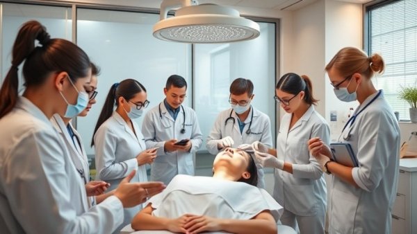 Professionals learning aesthetic treatments in a clinic setting.