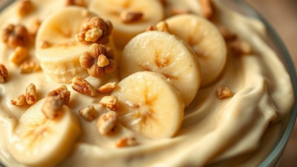High-protein banana pudding with banana slices and nuts.
