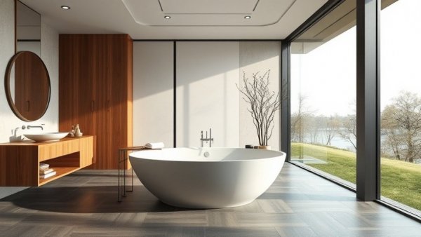 Elegant modern bathroom design with dualsuites aesthetic, featuring a freestanding tub and serene outdoor view.