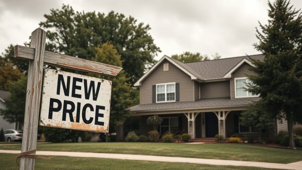 Suburban home with new price sign, Canada housing market price decline.