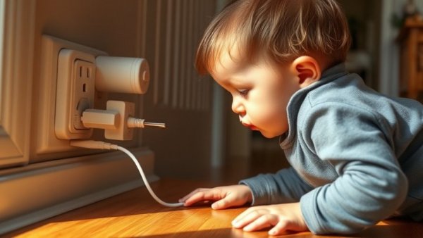 Curious toddler exploring electrical safety in home, Australia, hardwood floor.