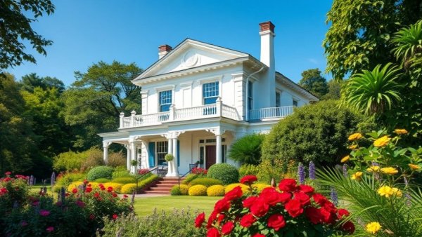 Elegant white house with beautiful landscape, bright sky.