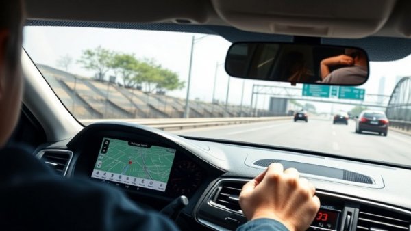 Driver using navigation app on highway, bright day, modern car interior.