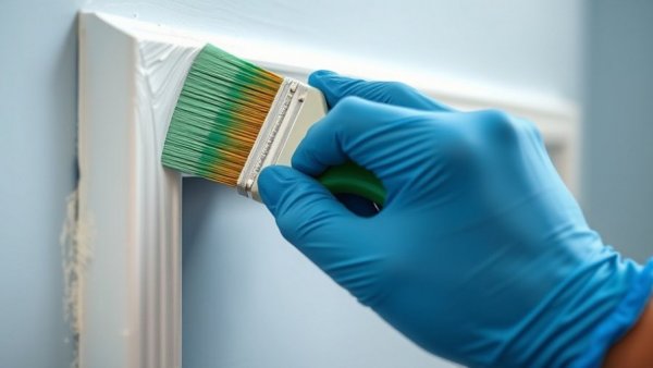 Gloved hand demonstrating how to cut in paint near trim.