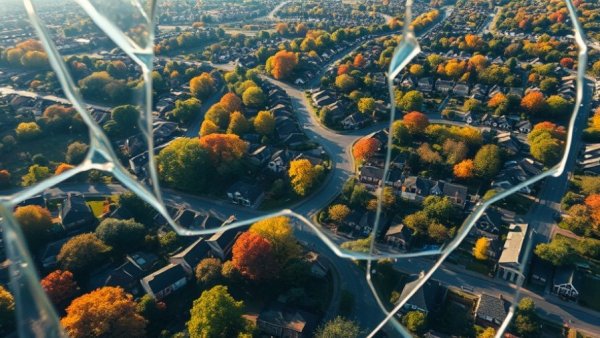 Aerial neighborhood view with cracked overlay symbolizing housing market inflation.