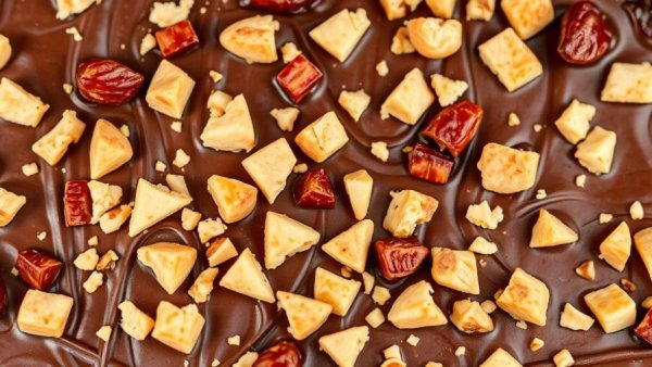 Chunky Monkey Date Bark with chopped nuts, photorealistic close-up.