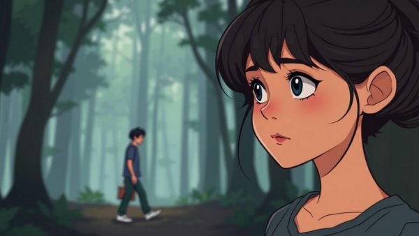 Emotional young woman in forest, man walking away, reflecting relationship doubts.