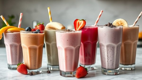Assorted protein shakes topped with strawberries, showcasing protein shake recipes.