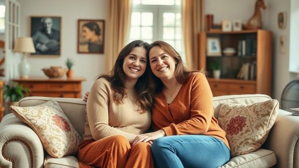Two women smiling warmly in a cozy sunlit living room.