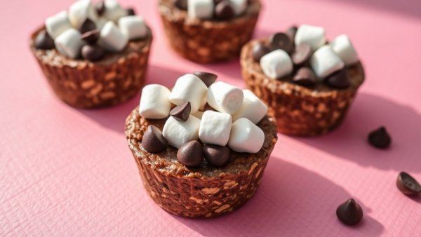 Exploremore Oat Cups with chocolate and marshmallows on pink surface.