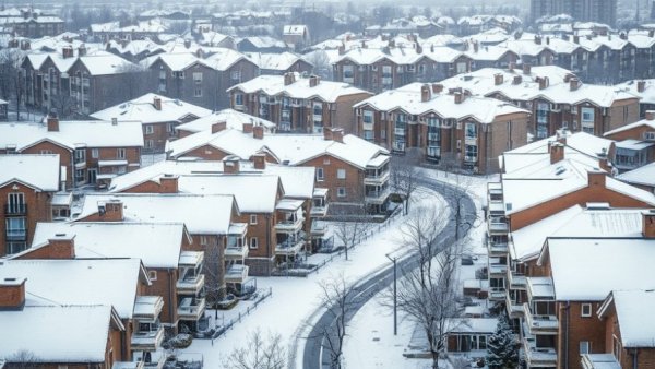 Snow-covered houses in Ontario showcasing close-knit urban housing.