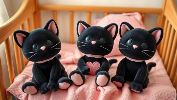 Plush black cat toys in cozy bedroom, preferred by home shoppers.