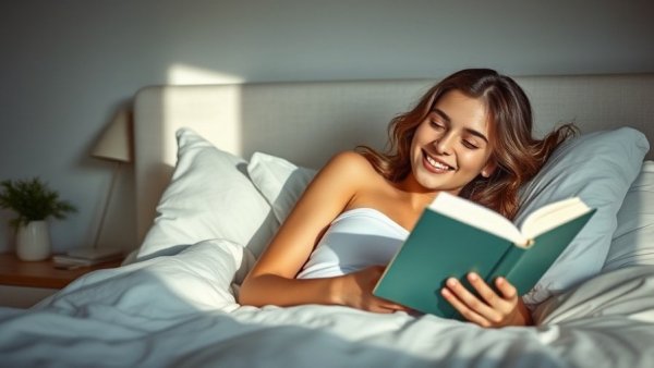 Young woman reading an inspiring memoir on a bed in soft light.