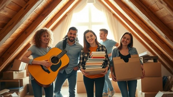 Smiling group organizing attic, Things You Never Want to Keep in the Attic.