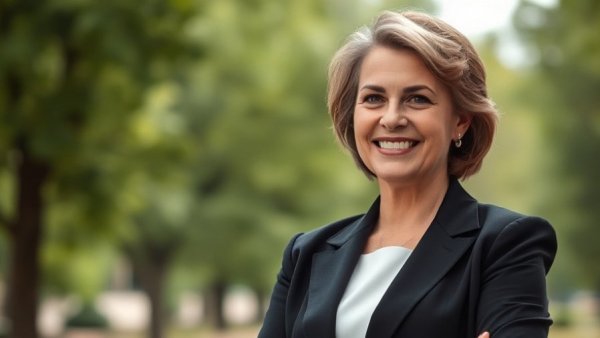 Confident woman leader smiling outdoors, monochrome photo, real estate theme.