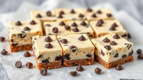 No-Bake Vegan Chocolate Chip Cheesecake Bars on parchment.