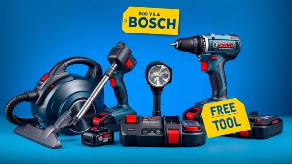 Free Bosch Power Tools at Lowe's promotion display with vacuum, drill, and more.