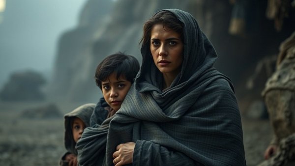 Somber mother with children wrapped in fabric, illustrating themes of protection, American misogyny.