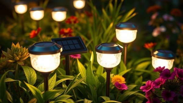 Solar lighting solutions for commercial properties highlighting green plants.