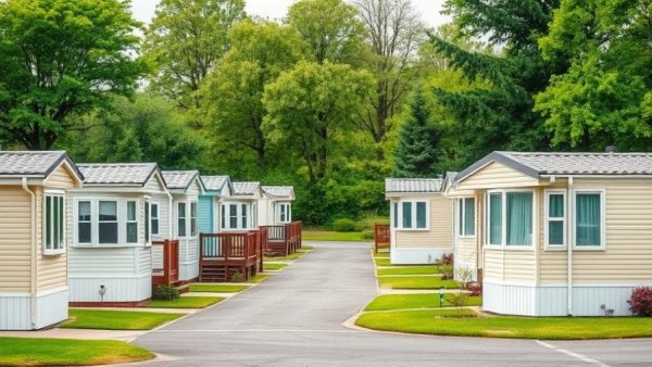 Mobile home parks investment scene with lined mobile homes.