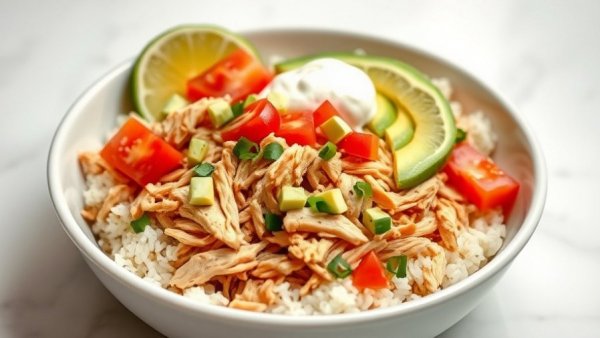 Chicken Tinga recipe with rice, avocado, tomato, lime, and cilantro in a bowl.